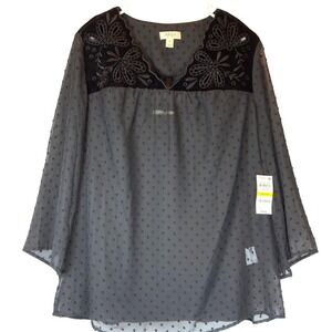 NEW Black Whimsigoth Sheer Swiss Dot Blouse M Velvet Embroidery Fairy Grunge